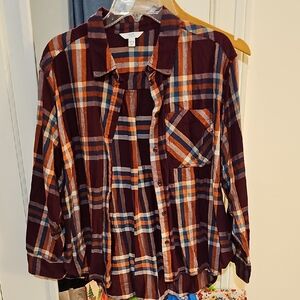 Time and Tru Women's Plaid Button Down Shirt - Burgundy, Orange, Blue